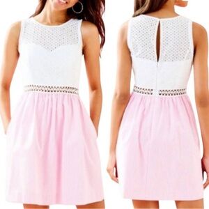 Lilly Pulitzer Alivia Dress Pink White Striped Eyelet Lace Pockets Size 4
